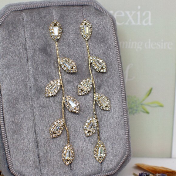 Long Crystal Drop Gold Vine Earrings, Wedding, Bride - Picture 2 of 4